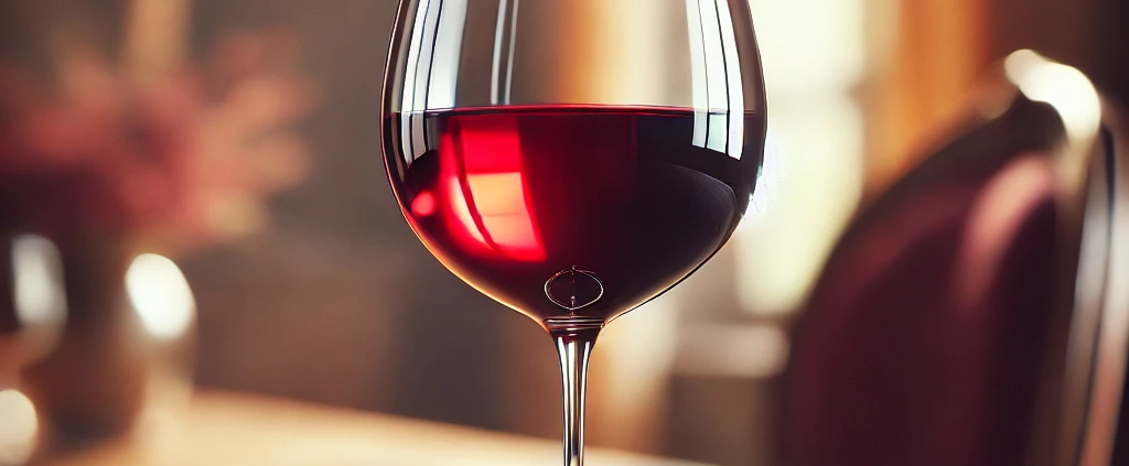 Photographie réaliste d'une coupe de vin rouge posée sur une table en bois, avec un arrière-plan flou évoquant une ambiance chaleureuse et raffinée