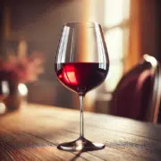 Photographie réaliste d'une coupe de vin rouge posée sur une table en bois, avec un arrière-plan flou évoquant une ambiance chaleureuse et raffinée