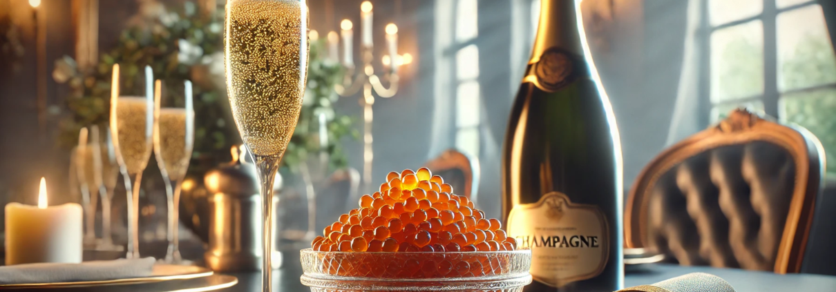 Présentation élégante de caviar dans un bol en verre accompagné d'une bouteille de champagne sur une table raffinée