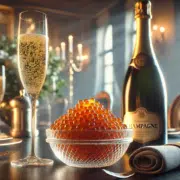Présentation élégante de caviar dans un bol en verre accompagné d'une bouteille de champagne sur une table raffinée