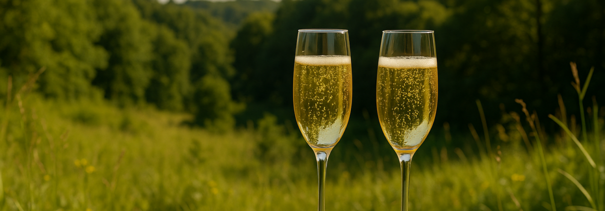 A_photograph_captures_two_champagne_flutes_brimmin.png" alt="Deux flûtes de champagne pétillant posées sur un rocher en pleine nature estivale