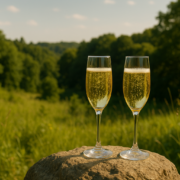 A_photograph_captures_two_champagne_flutes_brimmin.png" alt="Deux flûtes de champagne pétillant posées sur un rocher en pleine nature estivale