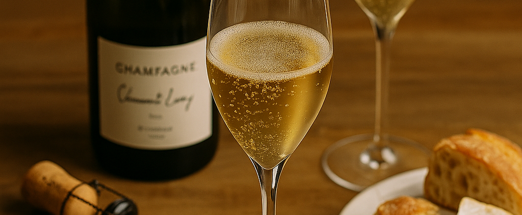 Table en bois clair avec deux flûtes de champagne d’auteur pétillant, une bouteille élégante en arrière-plan et une assiette de fromage et pain rustique