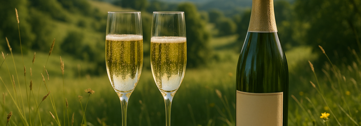 Deux flûtes de champagne sur un rocher en pleine nature verdoyante au coucher du soleil" title="Champagne en pleine nature, un moment de dégustation champêtre