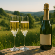 Deux flûtes de champagne sur un rocher en pleine nature verdoyante au coucher du soleil" title="Champagne en pleine nature, un moment de dégustation champêtre
