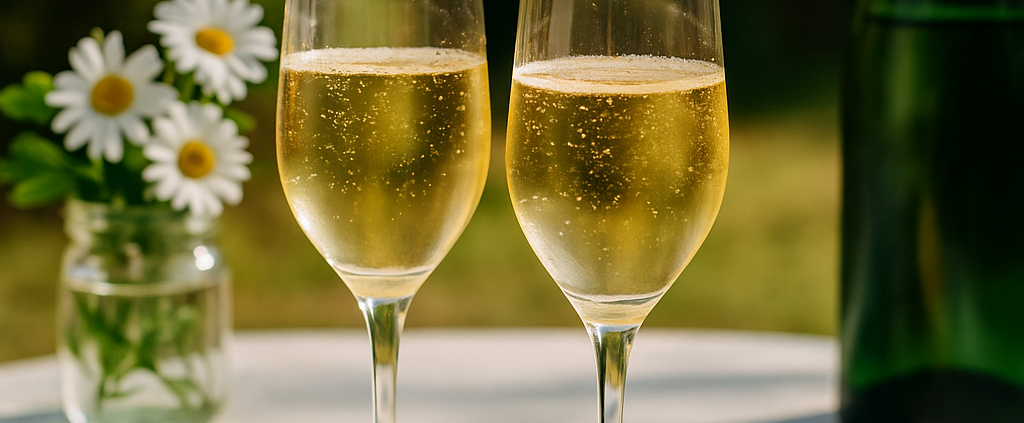 deux verres de champagne servis bien frais sur une table d’été en terrasse ensoleillée, avec citron et fleurs