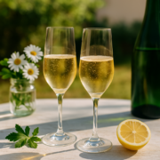 deux verres de champagne servis bien frais sur une table d’été en terrasse ensoleillée, avec citron et fleurs
