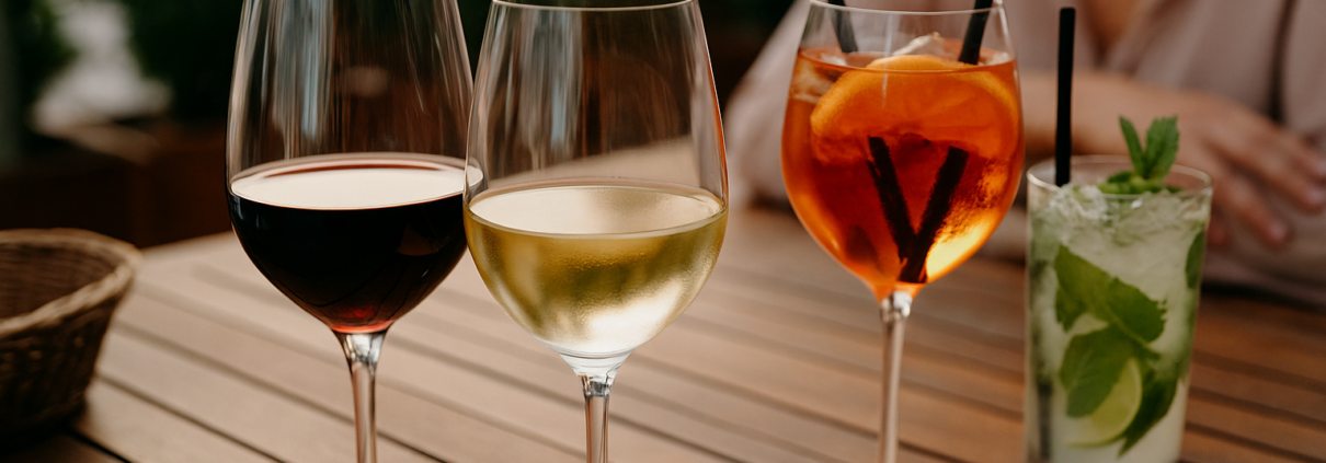 Verres de vin rouge, vin blanc et cocktails légers posés sur une table conviviale en terrasse
