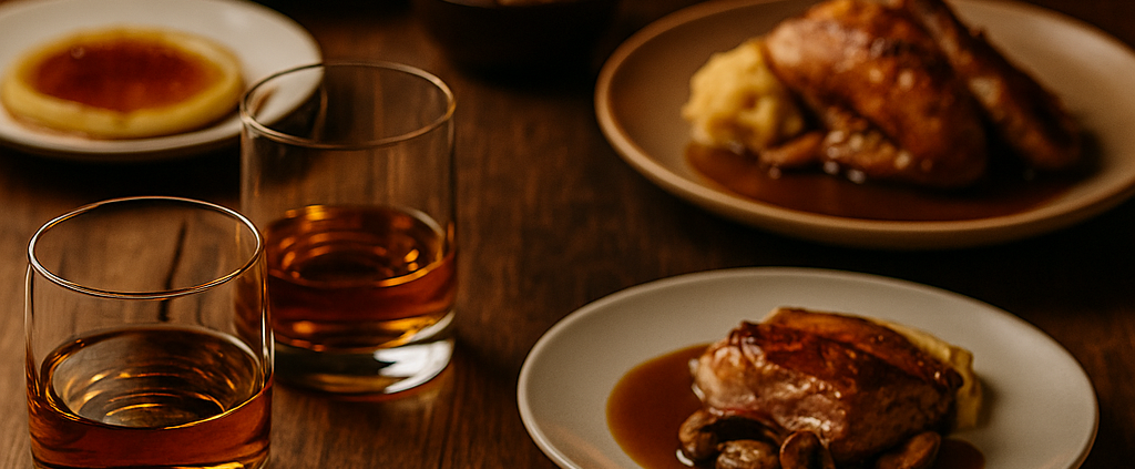dîner automnal avec verres de whisky et plats gastronomiques