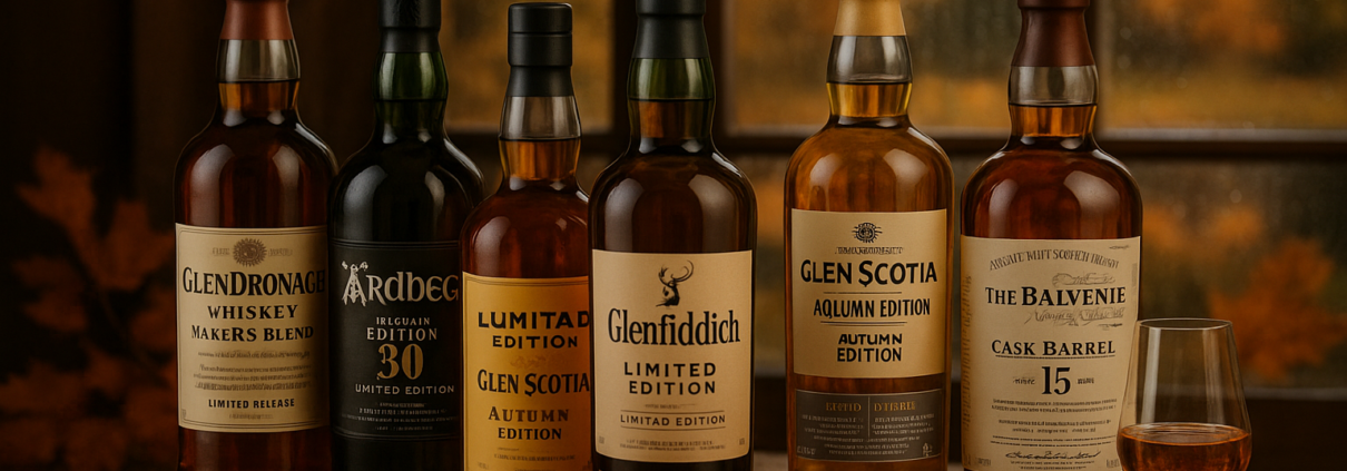 collection de bouteilles de whisky d’automne en édition limitée sur une table en bois