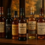 collection de bouteilles de whisky d’automne en édition limitée sur une table en bois