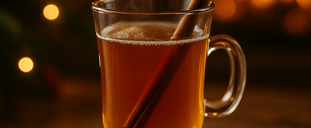Boisson chaude de Noël à base de whisky servie dans une tasse en verre, avec cannelle, anis étoilé et lumière de cheminée en arrière-plan