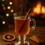 Boisson chaude de Noël à base de whisky servie dans une tasse en verre, avec cannelle, anis étoilé et lumière de cheminée en arrière-plan