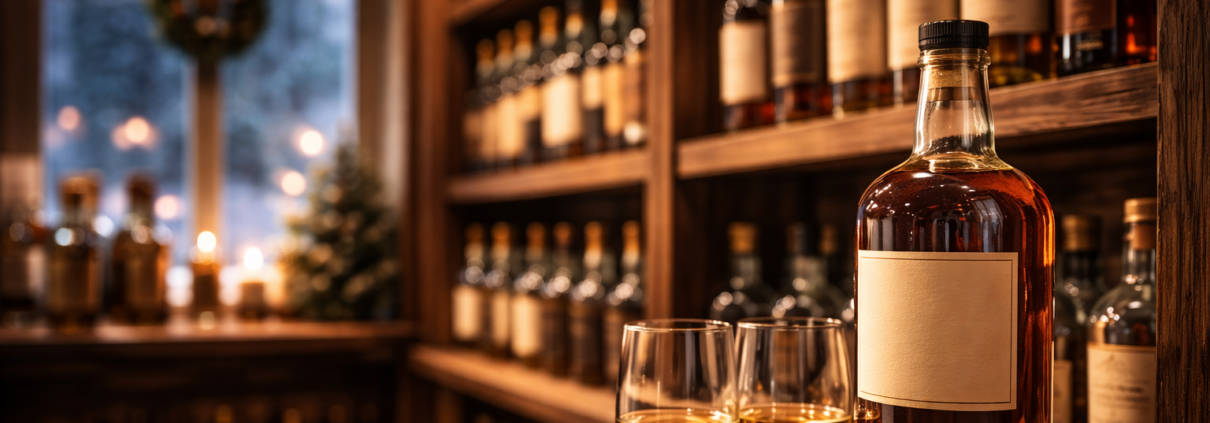 Conservation de bouteilles de whisky chez un caviste en hiver
