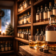 Conservation de bouteilles de whisky chez un caviste en hiver