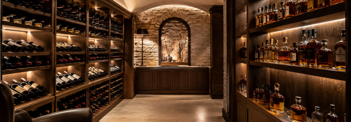 Cave élégante avec bouteilles de vin couchées et bouteilles de whisky debout pour illustrer les différences de conservation