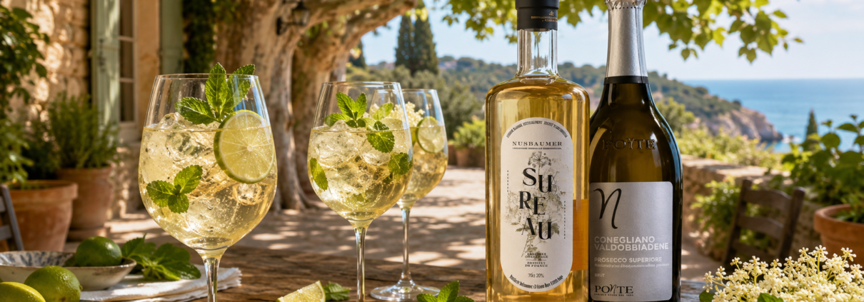 Hugo Spritz à la liqueur de sureau Nusbaumer et Prosecco Ponte sur une table en Provence