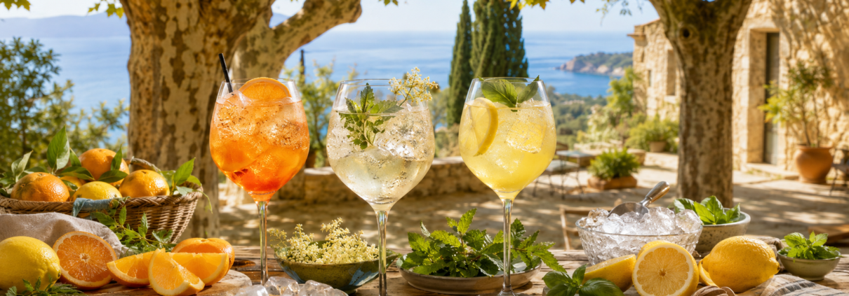 Cocktails Spritz, Hugo Spritz et Limoncello Spritz sur une table en Provence avec vue sur la Méditerranée