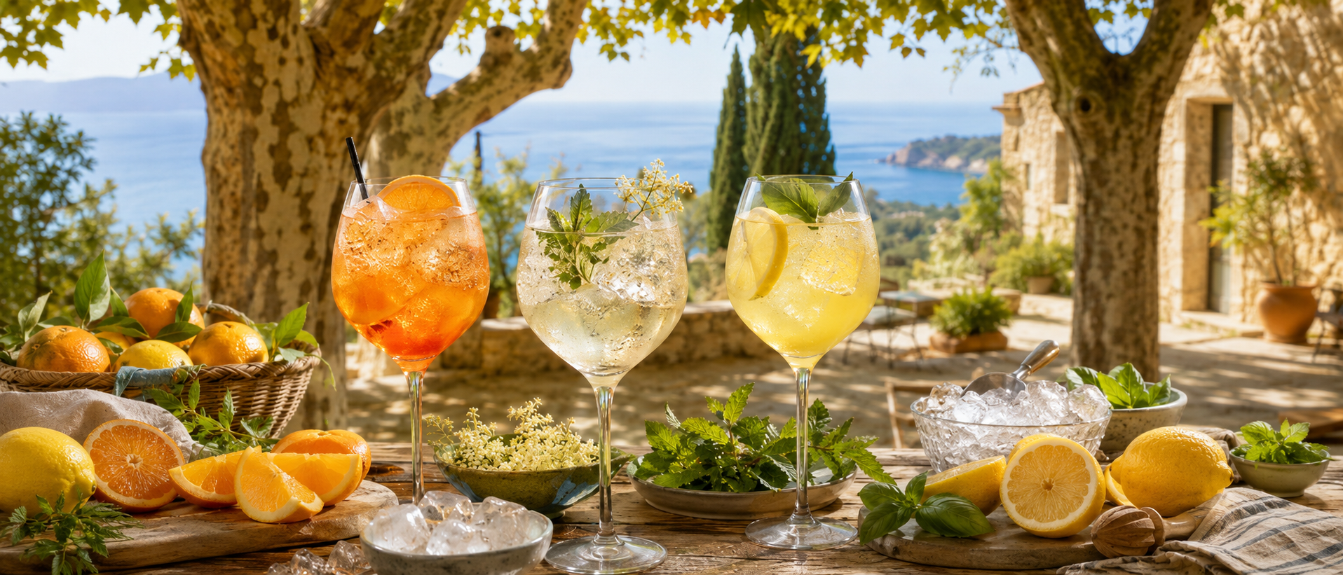 Les différentes recettes de spritz Cocktails Spritz, Hugo Spritz et Limoncello Spritz sur une table en Provence avec vue sur la Méditerranée