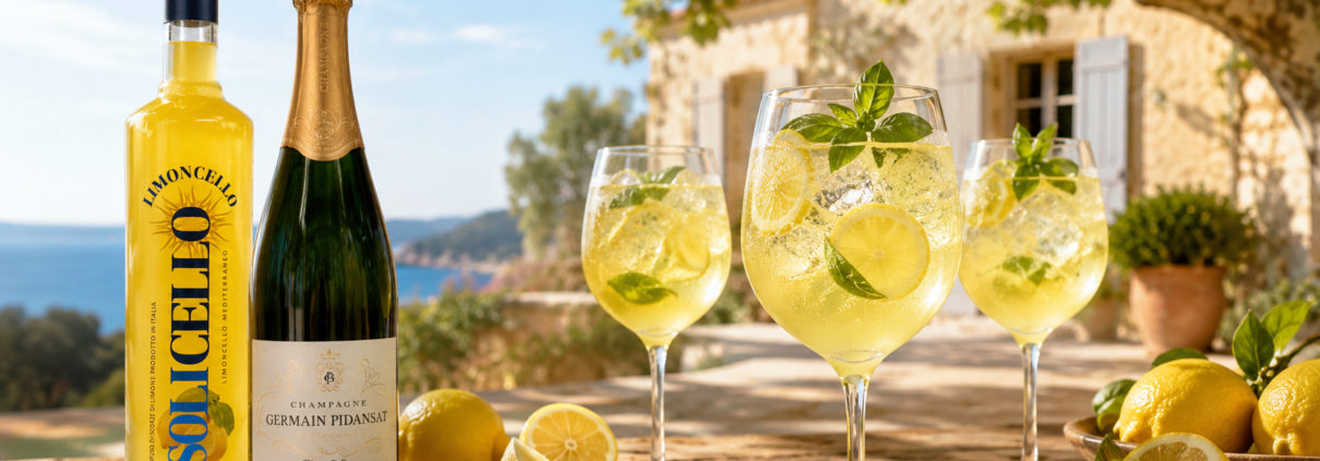 Limoncello Spritz Royal avec Limoncello SoliCello et Champagne Germain Pidansat sur une table en Provence