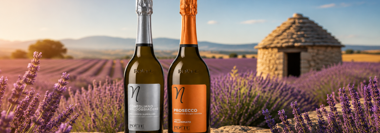 Prosecco PONTE 1948 DOC et DOCG dans un champ de lavande en Provence près d’un cabanon en pierre