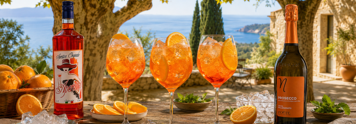Spritz classique avec Aperitivo Originale et Prosecco sur une table en Provence face à la Méditerranée