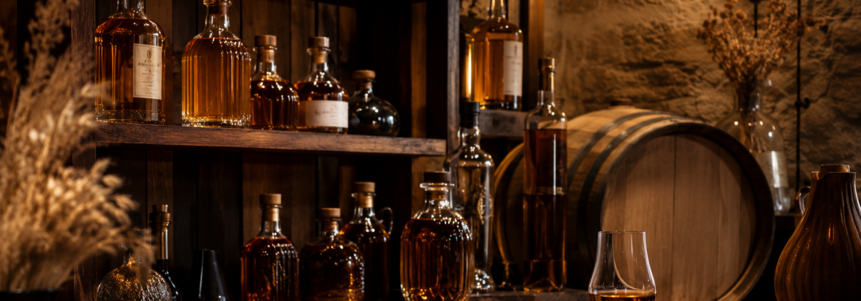 Bouteilles de whisky français rangées dans une cave élégante avec ambiance chaleureuse et boisée